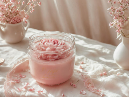 Elite Vanilya Kokulu Pembe Çiçekli Cam Kavanoz Mum